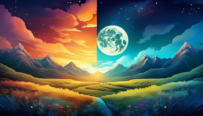 Surreal landscape perfectly divided between a golden sunrise and a dark night sky with a full moon. Concept of duality and contrast.

