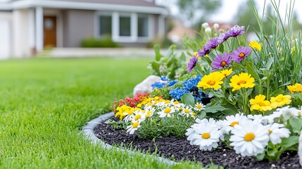 Vibrant Spring Flowers Blooming in a Lush Garden Border near a House