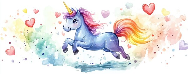 Obraz premium Adorable cartoon unicorn leaping with colorful hearts and pastel hues