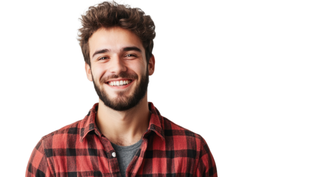 Smiling young man with curly hair wearing plaid shirt in bright setting during casual indoor gathering