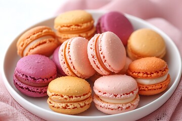 Obraz premium Macarons on plate with pink fabric background
