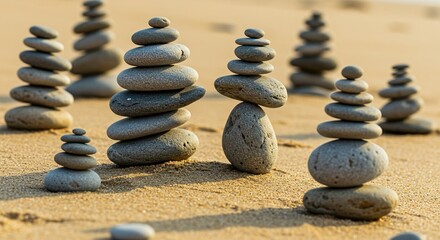 Creative arrangements of stacked stones in various formations capturing balance and tranquility in nature.rock background