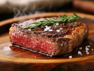 Perfectly seared steak, medium rare, with rosemary and coarse sea salt, on a wooden board. Appetizing, delicious and ready to eat.