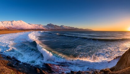 Fototapeta premium Breathtaking split landscape showing the contrast between a powerful blue ocean with crashing waves and a calm, lush green forest.