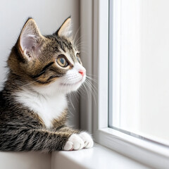 Fototapeta premium curious kitten gazes out window, captivated by world outside. Its soft fur and bright eyes reflect sense of wonder and innocence