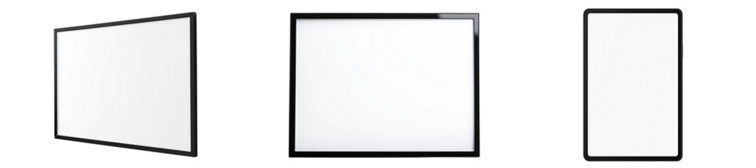 Obraz premium Set of a white blank screen of a black tablet or computer with a frame, isolated on a transparent background.