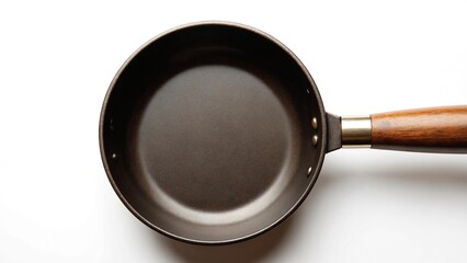 A fring pan with a long handle, top down view looking into the pan, solid white background