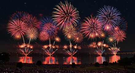 Vibrant Fireworks Show Over Lake at Night - Spectacular fireworks illuminate the night sky over a calm lake, creating a breathtaking display of light and color. Celebration, festivity, joy, spectacle