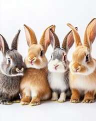 Obraz premium Four adorable bunnies in various shades of brown and gray sit side by side against a clean white background. Their soft fur and upright ears are prominent features.