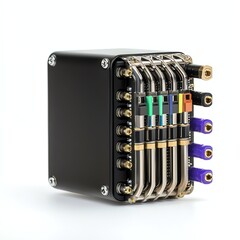 A detailed view of a modern electronic device with multiple connectors and ports, set against a white isolated background.