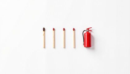Matches lined up with fire extinguisher for International Firefighters' Day to illustrate fire starting risks and prevention for safety brochures.