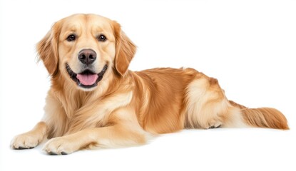 Happy golden retriever dog lying down on white background. Studio shot of a playful canine companion. The dog has a friendly expression and fluffy fur.