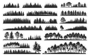 Collection of Various Silhouettes of Pine Trees and Forest Landscapes, Perfect for Environmental, Nature, and Wilderness Design Projects