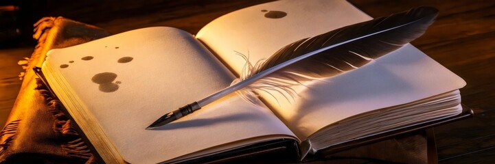Feather quill resting on open journal with ink blots, lit by warm amber glow – Perfect for writing inspiration, historical themes, or literary content.