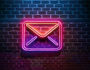 a vibrant neon envelope sign illuminates a textured brick wall creating a modern and eye catching visual for communication themes