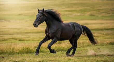 Fototapeta premium Black Horse Galloping in Golden Field - A majestic black horse runs freely across a sunlit field, symbolizing freedom, power, grace, wildness, and untamed spirit