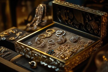A box overflowing with various types of jewelry, including necklaces, rings, and earrings
