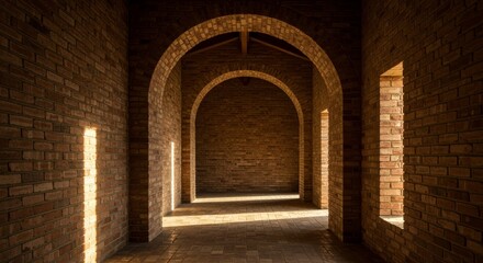 Brick Archway Corridor Sunlight - Sunlit brick corridor with arched doorways, creating a warm and inviting atmosphere. Perfect for architecture, design, and travel themes