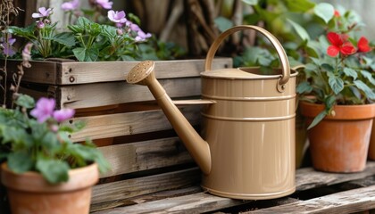 Rustic gardening setup with mocha mousse watering can and colorful flowers in wooden crate