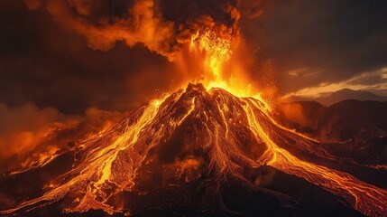 a dramatic night-time eruption of a towering volcano, molten lava flowing down its slopes, and fiery explosions lighting up the dark sky with thick smoke and ash clouds. 
