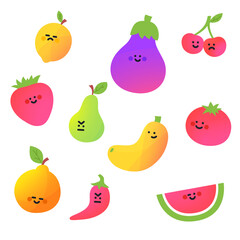 Cute cartoon vegetables and fruits. apple, raspberry, strawberry, watermelon, peach, orange, pear, cherry and lemon. Cartoon fruit character set.