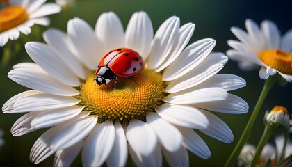 Obraz premium Charming macro photo of a red ladybug on a bright white daisy, highlighting the vibrant color contrast between the insect and flower.
