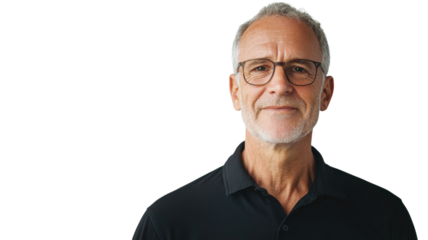 Senior man with glasses smiles confidently against a plain background, showcasing a relaxed and friendly demeanor