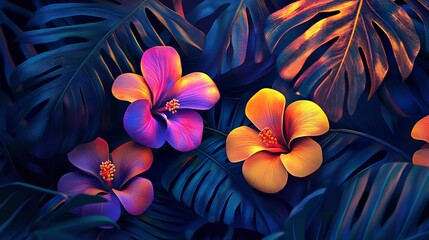 Obraz premium Vibrant Tropical Flowers and Lush Leaves in Deep Night Colors
