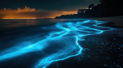 bioluminescent waves at night, glowing electric blue as they crash against the shore, leaving behind swirling luminous trails on the dark water surface. 