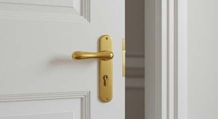 Elegant Gold Door Handle on White Door - A symbol of entry, opportunity, luxury, home, and new beginnings. The golden handle on a pristine white door beckons