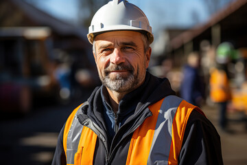 A smiling male construction worker in a yellow hard hat and reflective vest at a busy site.