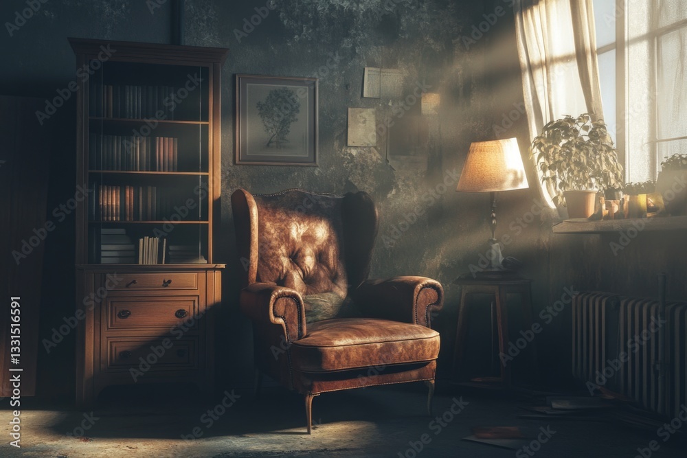 Poster A chair placed in a room with a bookcase and a lamp, perfect for studying or reading
