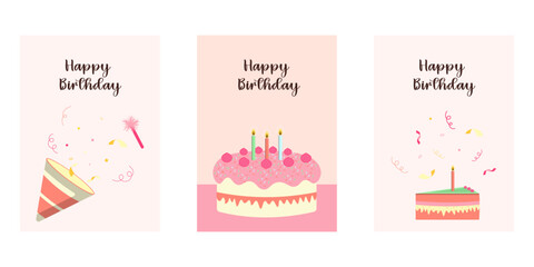 Happy birthday card set. Trendy greeting cards with bento cake and party hat. Cute and elegant vector illustration templates in simple style