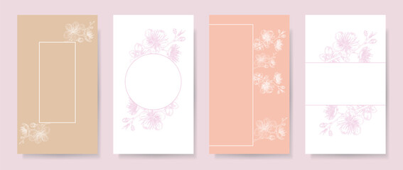 Cherry blossom cards set in pastel pink colors. Editable template for social media post, card, cover, wedding invitation, poster. Continuous line art illustrations.