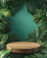 Empty wooden display podium surrounded by lush tropical foliage