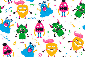 Cartoon Monster Seamless Pattern with Squiggle Lines. Cartoon monsters isolated. Cute kawaii cartoon scary funny baby character. Eyes, tongue, tooth fang, hands up.