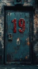A wooden door with the number 19 painted on it, suitable for use in various settings such as old houses, apartments, or offices