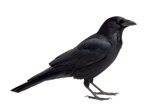 Isolated Black Crow Bird in Detailed Plumage on Transparent Background Animal Wildlife Nature Raven with Feathered Wing and Perched Stance
