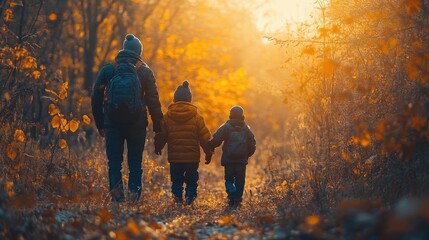 A joyful family enjoys a sunny day outdoors in a forested area.
