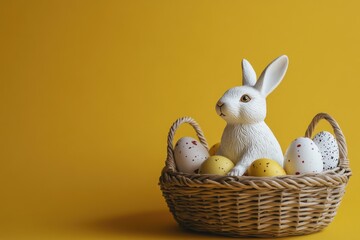 A white rabbit sitting in a wicker basket filled with eggs, a playful scene