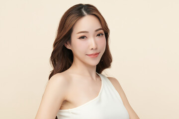 A beautiful young Asian woman with clean, fresh skin against a beige background. She represents beauty, skincare, and spa treatments.