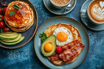 Breakfast Spread With Fluffy Pancakes, Eggs, Bacon, and Coffee in a Cozy Setting