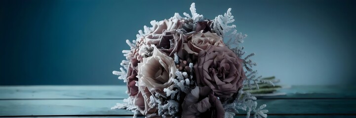 Muted-toned winter wedding bouquet on a wooden surface – Perfect for winter weddings, floral décor, or seasonal event themes.