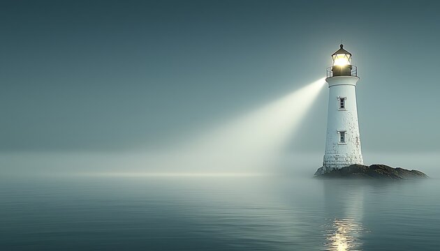 Lighthouse Beam Cuts Foggy Sea.