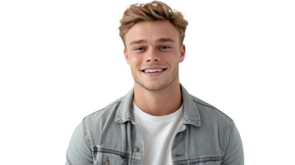 Young man smiling confidently in casual denim jacket against plain background during daylight