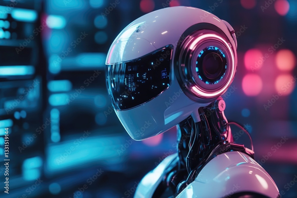 Poster A close-up view of a robot's head with glowing eyes, ideal for use in sci-fi or futuristic designs