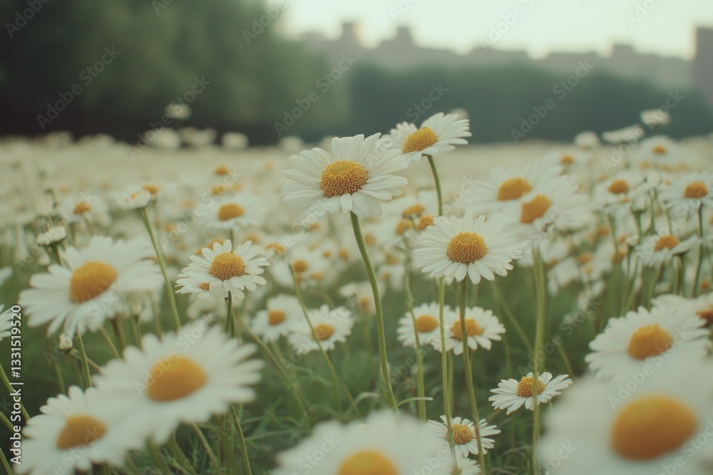 Poster field of white and yellow flowers with trees in the background