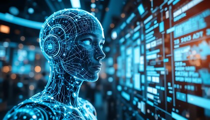 Futuristic Robotic Human Interaction with Digital Interfaces in a High-Tech Environment