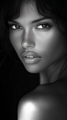 Naklejka premium Close up portrait of a woman with glittering, textured makeup. Monochromatic grayscale palette with dramatic lighting, highlighting facial features. Mysterious and alluring mood.