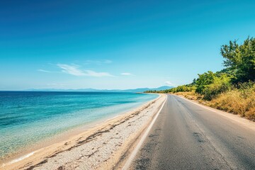 Calm waters and clear skies line the empty coastal road by the beach.